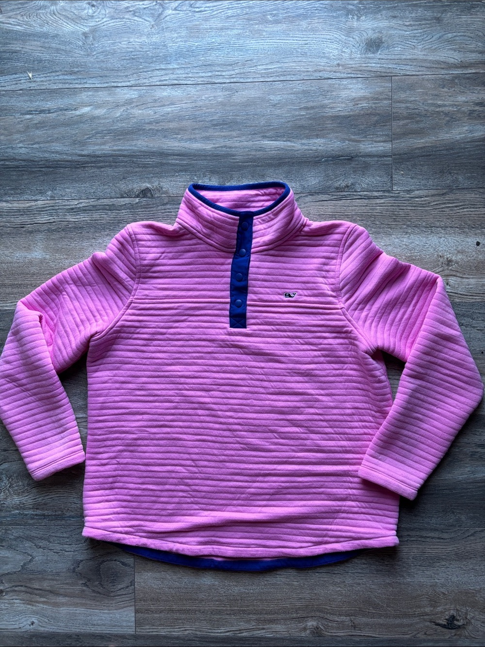 Vineyard Vines Pink Quilted Pullover with Navy Snap Placket